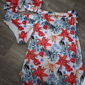 Tropical Red Floral Bikini Set with Matching Cover-Up